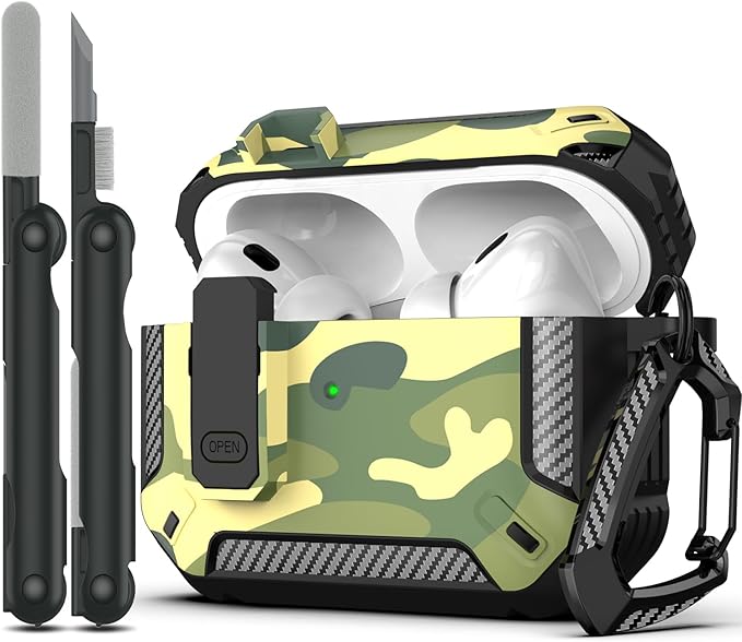 RFUNGUANGO for AirPods Pro 2 Case, Compatible with Airpods Pro Case 2nd / 1st Generation, Compatible with MagSafe, with Cleaning Kit and Keychain, Visible LED, Jungle Camouflage