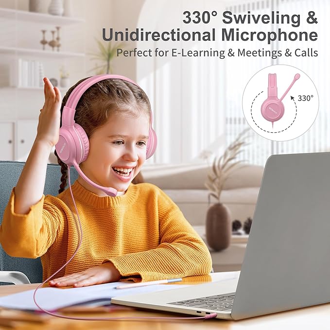 SIMOLIO Kids-Headphones with Microphone for School, 75/85/94 dB Wired Headphones with Boom Mic for iPad, PC, Laptop, Gaming, On Ear Pink Stereo Corded Headsets for Girls, Children, Teens, Students