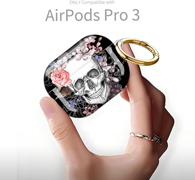 Compatible with AirPod Pro 3rd Generation Case 2025,Fashion Protective Cover with Keychain, Anti-Scratch, Drop Protection,Shockproof Cover for AirPod Pro 3 Women(Flower Skull Skeleton)