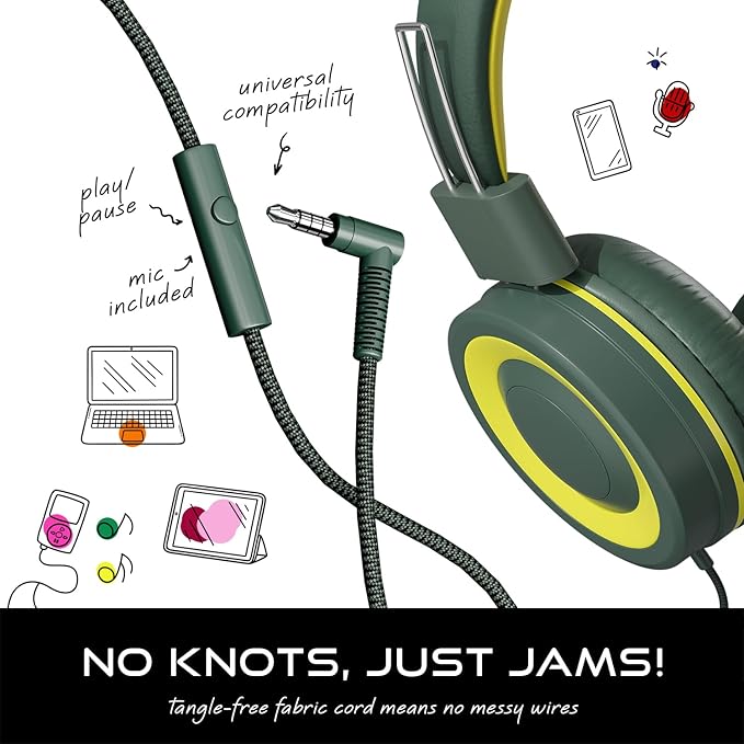 MYZI Kids Headphones with Cord, Foldable Over Ear Headphones for Kids with Microphone, Tangle-Free Wired 85dB Safe Volume Toddler Headphones for iPad, School, and Airplane – Green