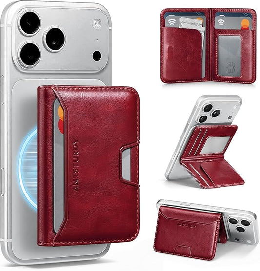 Antsturdy for Magsafe Wallet Stand with Holder,PU Leather RFID Blocking Card Holder,5 Card Slots,Strong Magnet Minimalist Flip Folio Kickstand for iPhone 17/16/15/14/13/12/Pro/Max/Plus/Air,Wine Red