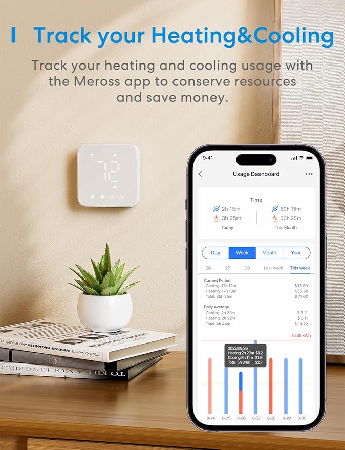 meross Smart Thermostat for Home, WiFi Thermostat Works with Matter, Alexa, Apple Home, Google Assistant, App & Voice Control, 7x24h Scheduling, Energy Saving, C-Wire Required