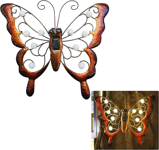 J-Fly Metal Butterfly Solar LED Light Outdoor Wall Art, Solar Butterfly Wall Hanging Outdoor Decoration, Metal Garden Fence Art Decor, 13 * 14 Inch Large Suitable for Garden Patio Fence Balcony Decor