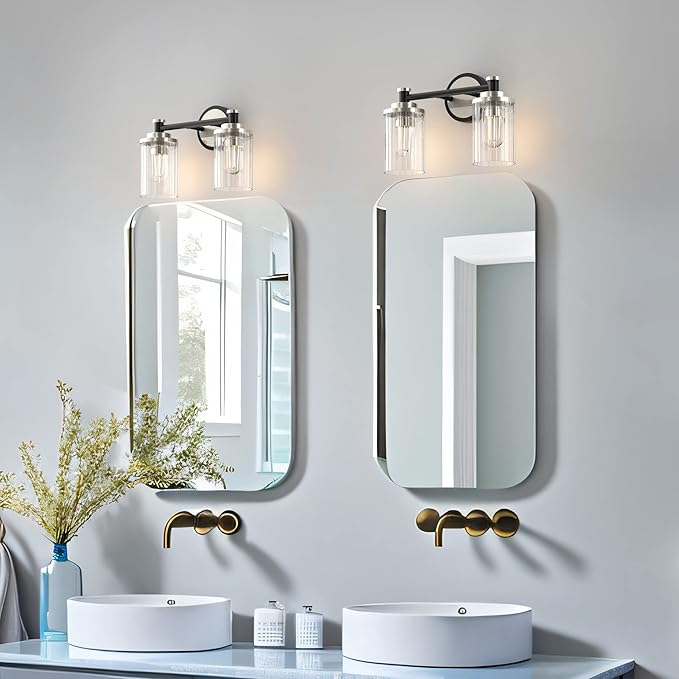 Bathroom Lighting Fixtures Black and Brushed Nickel Bathroom Vanity Light with Cylindrical Clear Stripes Glass Lampshade E26 Socket Base Bathroom Lighting Fixtures Over Mirror (2 Lights)