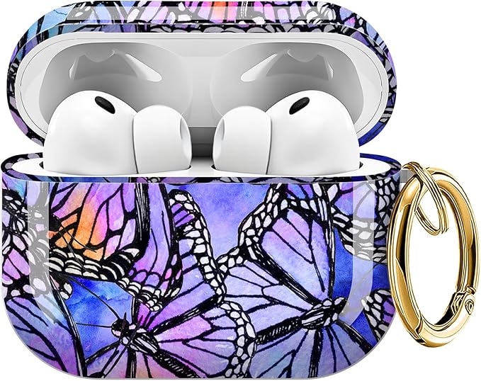 for AirPods Pro 3 Case, Compatible with AirPods Pro 3rd Generation Case (2025), Shockproof Protective Cover with Golden Carabine (Beautiful Butterfly Purple)