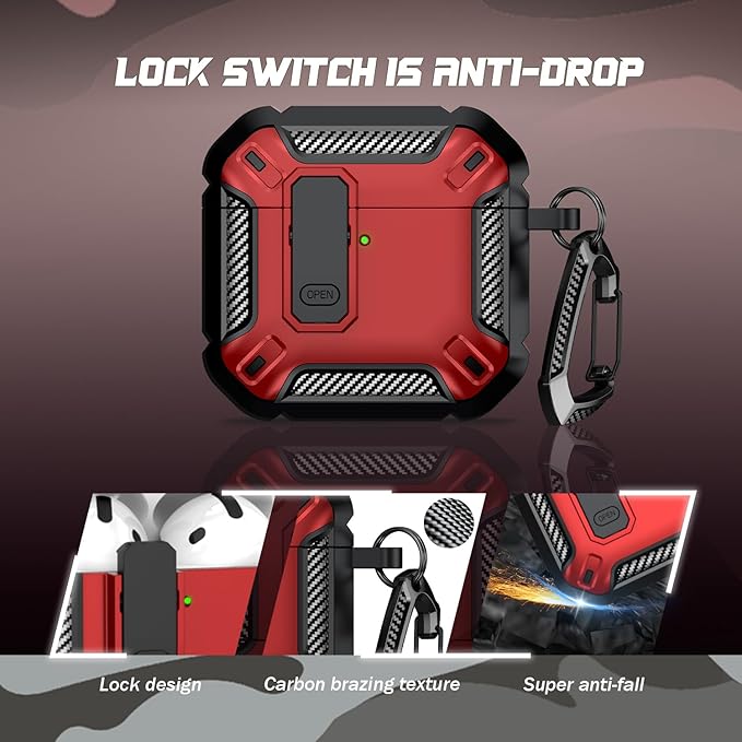 RFUNGUANGO for AirPods 4th Generation Case, Compatible with AirPods 4th Generation Case (2024), Locking Function, Military-Grade Drop Protection, with Cleaning Kit-Red