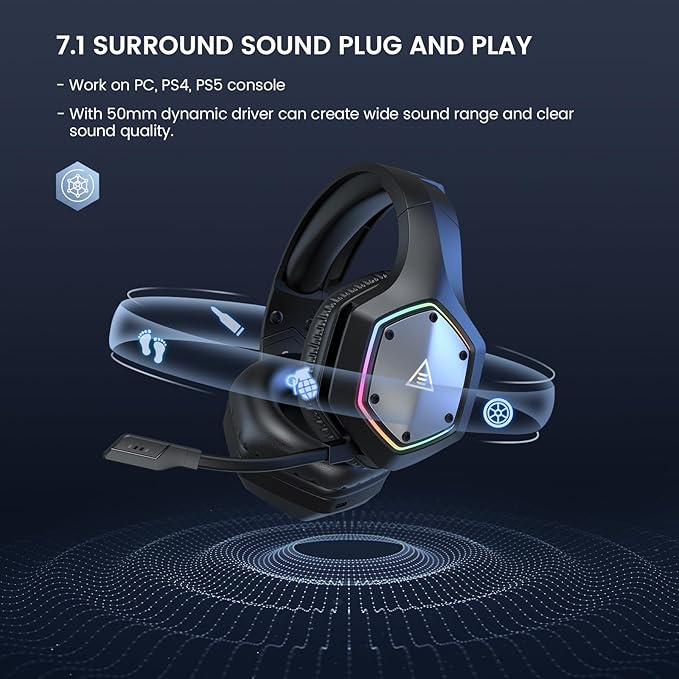 EKSA 2.4GHz Wireless Gaming Headset for PC, PS4, PS5, Gaming Headphones with Noise Cancelling Microphone, 7.1 Surround Sound, 36Hr Battery, RGB, 3.5mm Wired Computer Headset
