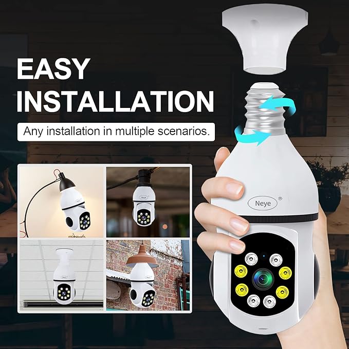 N_EYE 8mp/4k Light Bulb Security Cameras 2.4GHz&5GHz Outdoor Wireless WiFi Light Socket Screw in Security Cameras for Home Security Safe Cam Lightbulb Cameras Night Vision up 128g sd Card