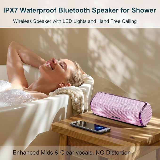 Pink Portable Speaker, 40W IPX7 Waterproof Wireless Outdoor, Bluetooth 5.3, 25H Playtime, Bass Boosted, LED Lights, TWS Pairing for Beach Parties, Pool, Shower, Valentine's Day Gifts