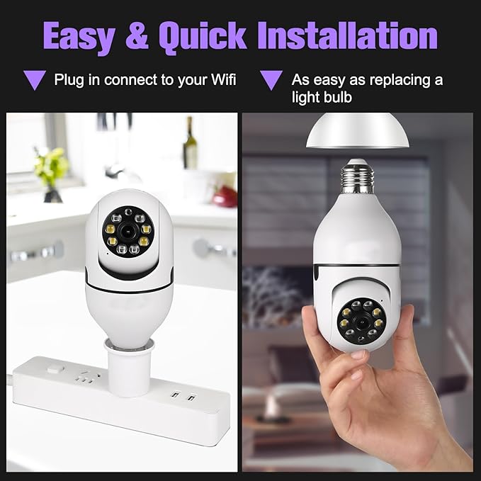 Security Camera Indoor Wireless WiFi Outdoor Home E27 360 Degree Panoramic Home Security Cameras IP Camera Motion Detection and Alarm Two-Way Audio 2pack
