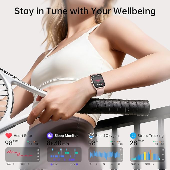 Tensky Smart Watch for Women, 1.85'' HD Sport Lady Smartwatch for Android/iPhone/Samsung/(Bluetooth Call), Alexa Built-in, 100+ Sport Modes Fitness Digital Tracker,Sleep/Heart Rate/SpO2 Monitor