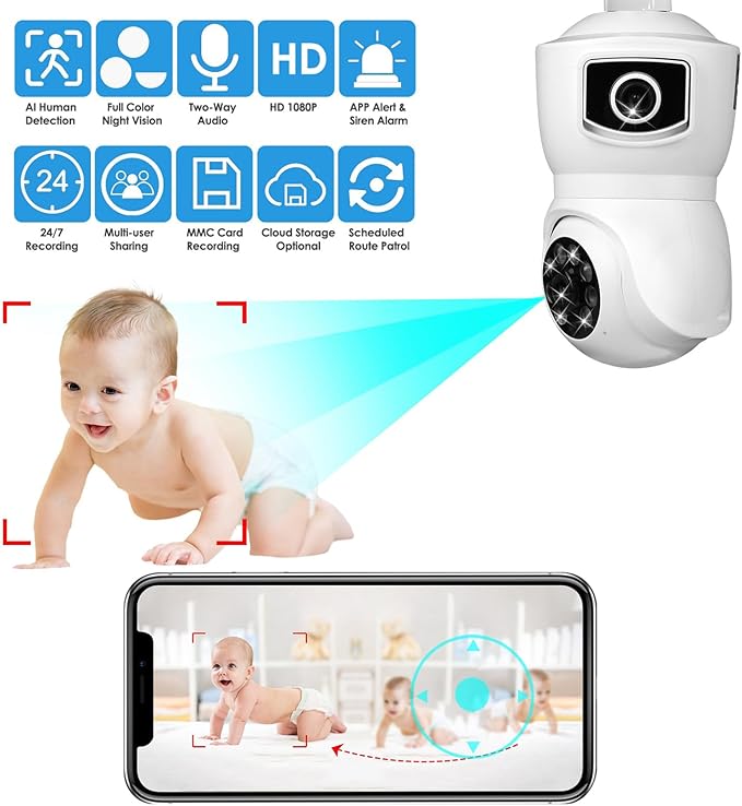 Light Bulb Security Cameras Wireless, 2.4GHz WiFi Light Socket Cam, E27 360° Light Socket Camera for Home Security, Night Vision, 2-Way Talk, Siren Alarm, Motion Detection