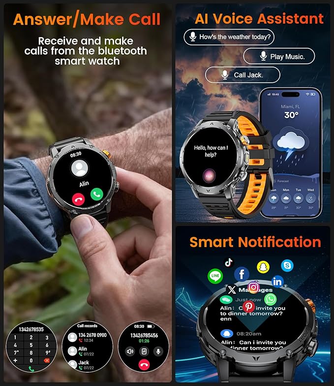 LIGE Smart Watch for Men with Flashlight,1.7" Smartwatch with 100+ Sports Modes,1000mAH,Health Tracker,IP68 Waterproof, Smart Watch for Android iOS Black 3 Straps 2 Chagers