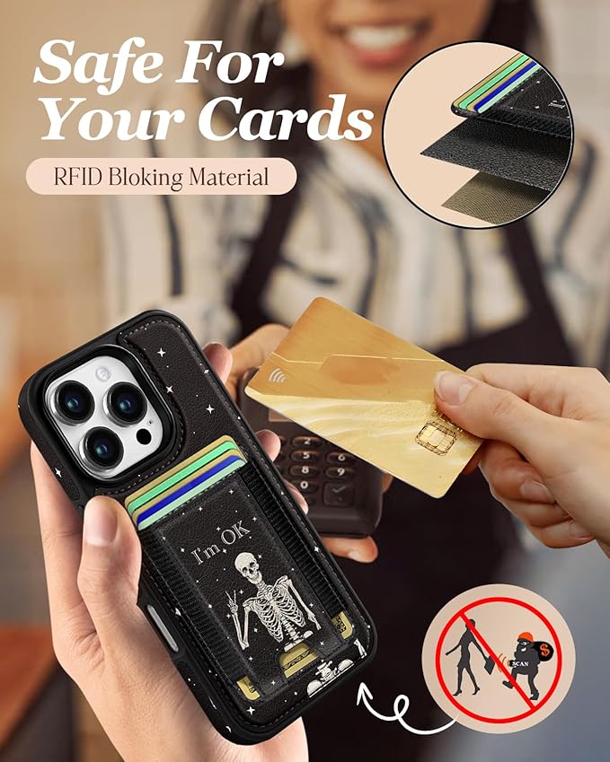Shorogyt for iPhone 16 Pro Max Case Wallet - Fits 5 Cards, Compatible with Magsafe Magnetic Credit Card Holder Leather Cardholder Cute Phone Cover Women Girls for Apple 16 ProMax, OK Skeleton