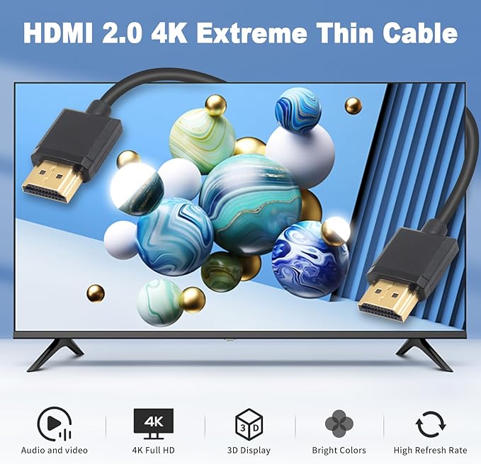 Duttek 4K HDMI Male to Male Cable 2 Feet/60cm, Short HDMI Cable, Extreme Thin, for 3D and 4K Ultra HD TV Stick HDMI 2.0 Cord Extension Converter