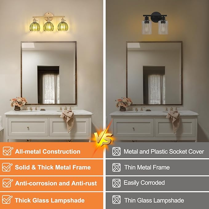 Bathroom Light Fixtures, 3-Light Brass Vanity Wall Light Over Mirror with Green Tulip Glass Shade for Bedroom Living Room (Bulb Not Included)