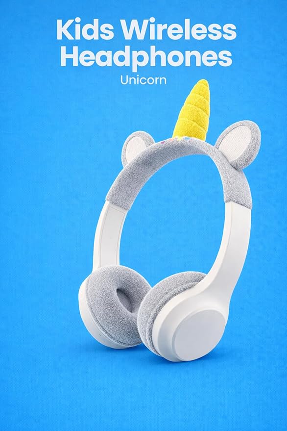 Kids Wireless Bluetooth Headphones Unicorn – Over-Ear Headset for Children, 85dB Volume Limit, Soft Earmuffs, Adjustable Headband, White & Gray