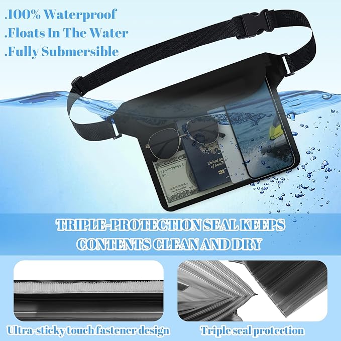 Tallew 6 Pcs Waterproof Pouch with Waist Strap Waterproof Fanny Pack Dry Bag for Phone Wallet Reusable Lightweight Belt Pouch for Beach Swimming Kayaking Boating Travel Water Activity (Black)