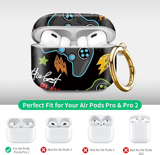 Compatible with Airpod pro 2nd/1st Generation Case Cover with Gold Round Keychain Cute Pattern Hard & Anti Slip Cover for Men Women & Girls（Game on）