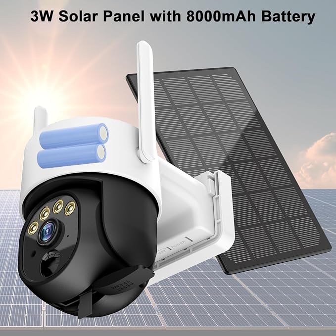 2K Solar Security Cameras Wireless Outdoor, Pan Tilt 360° WiFi Camera for Home Security, 8000mAh Battery Powered with Color Night Vision, 3W Solar Panel with PIR Sensor Wireless Easy Install
