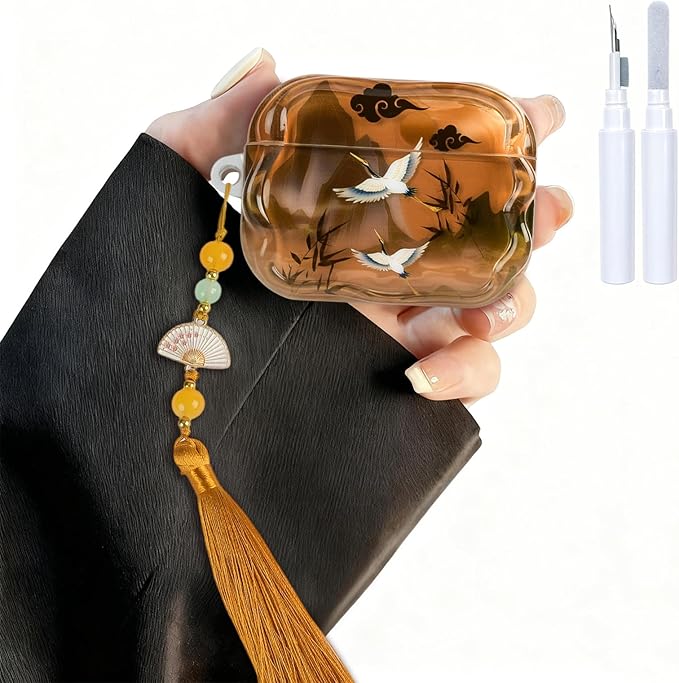 Compatible with AirPods Pro 3 Case Soft with Cleaner Kit Keychain Cute Lucky Elegant Crane Girls Women Cover for Airpods Pro 3rd Generation -Brown