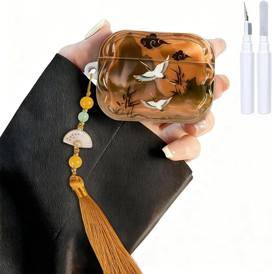 Compatible with AirPods Pro 2 Case Soft with Cleaner Kit Keychain Cute Lucky Elegant Crane Girls Women Cover for Airpods Pro 2/Pro -Brown