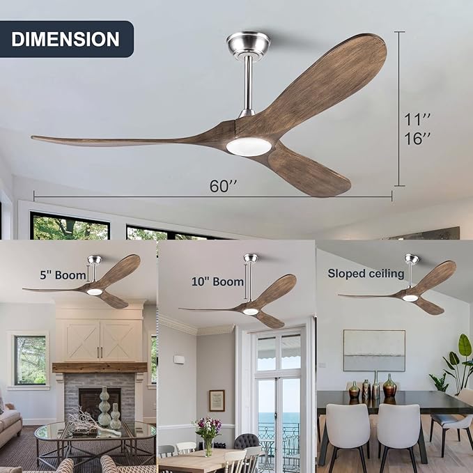 60 Inch Ceiling Fan with Lights and Remote, 3 Wood Fan Blades Ceiling Fan with Quiet Reversible DC Motor Indoor Outdoor for Patios Living Room Bedroom Study