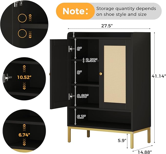 JASIWAY Rattan Shoe Cabinet Storage for Entryway, Shoe Cabinet with Adjustable Shelves for Entryway, 5-Tier, 20 Pair Shoe Rack Storage for Hallway, Closet, Living Room, Black