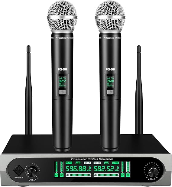 Wireless UHF Microphone System,W/2 Handhelds,Auto Scan,2x50 UHF Frequencies,200ft Range,Dynamic Microphone for Singing,Karaoke,Church