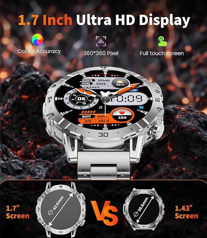 LIGE Smart Watches for Men 1000mAh Battery/LED Flashlight/3 Straps, 1.7" Ultra HD Screen Outdoor Smartwatch with 111 Sports Modes, Bluetooth Call 5ATM Waterproof Fitness Tracker Android iOS,Sliver