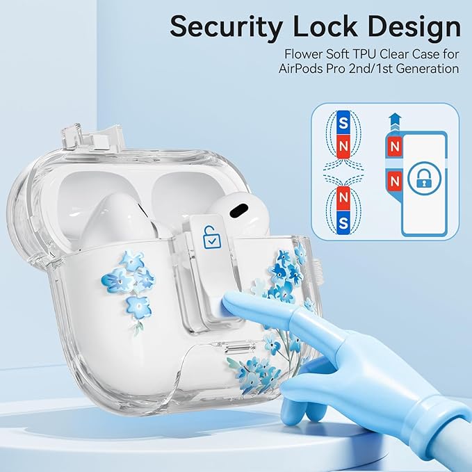 for AirPods Pro 2 Case Cute with Lock, Soft Clear Floral Case Cover for Apple AirPods Pro 2nd/1st Generation for Women Girly with Keychain Ring, with Phone Stand & Cleaning Kit -Blue Flower