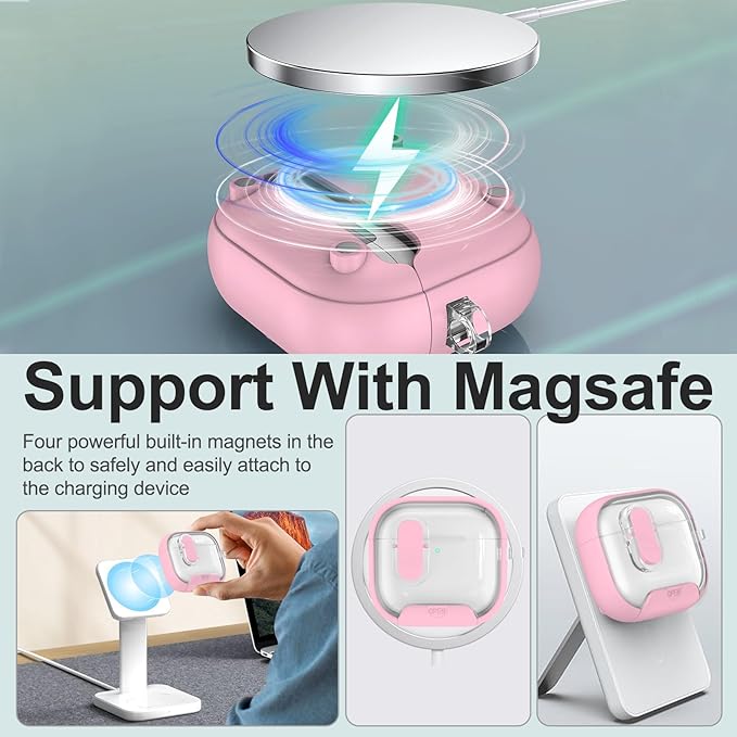 for Airpods 4 Case Clear,Secure Lock for Airpods 4th Generation Case Cover with Phone Stand and Magsafe Function,Auto Pop-up,Hybrid Protection Design with Carabiner&Cleaning Pen-Pink