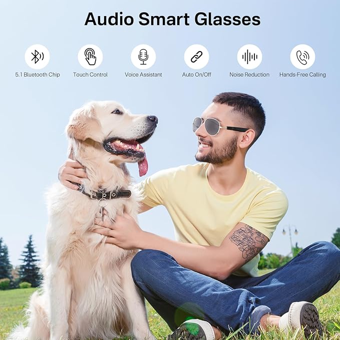 Smart Glasses for Men & Women, Bluetooth Audio Glasses with Speakers, UV400 Polarized Lens, Support Fast Charging, Touch Control & Voice Assistant,Bluetooth Sunglasses -Silver