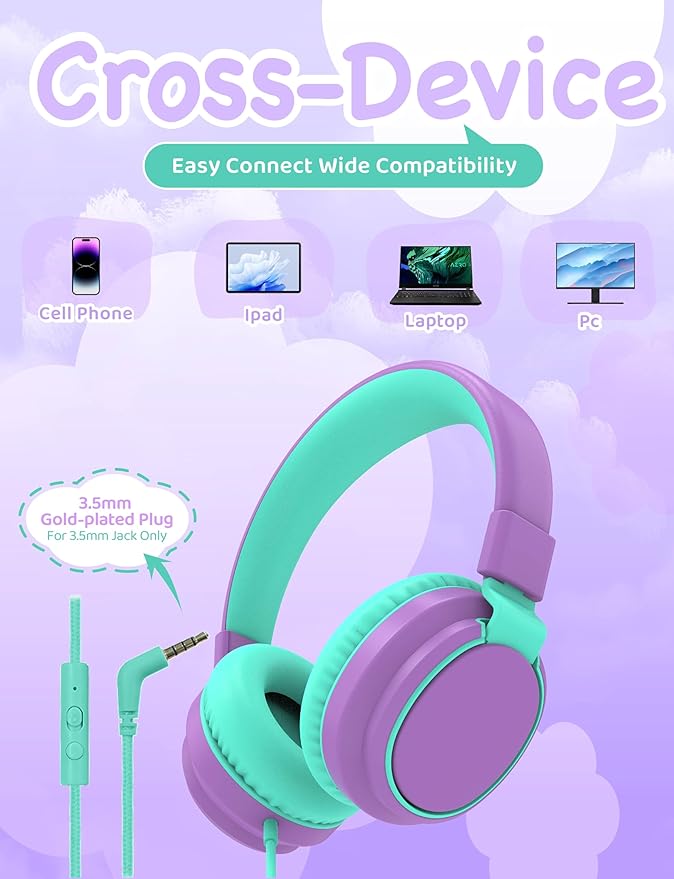 MIDOLA Kids Headphone Wired Volume Limited 85/94dB Over-Ear/On-Ear Foldable Headset with Microphone Hearing Protection Headphones for Toddler Boy Girl Child School Learning Pad Tablet Purple