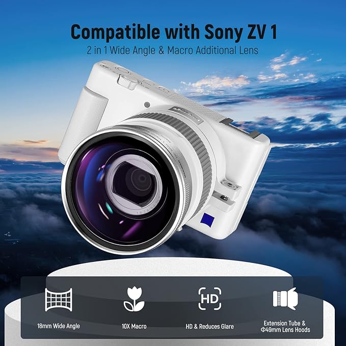 NEEWER 2 in 1 18mm Wide Angle & 10x Macro Lens with Extension Tube, Bayonet Mount Lens Adapter & Cleaning Cloth, Only Compatible with Sony ZV1 (White Frame)