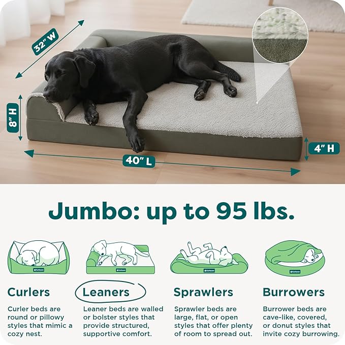 FurHaven Cooling Gel Dog Bed for Large Dogs, L-Shaped Chaise with Cool Gel-Top Foam & Solid Orthopedic Foam Base for Joint Support, Washable Cover, Jumbo/XL, Plush Faux Fur & Suede, Dark Sage