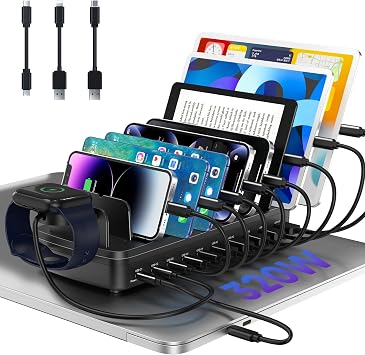 320W Charging Station for Multiple Devices, 10 Ports Fast Multi-Device Charger Organizer Compatible with MacBook Pro Laptop, iPhone, Android, Ipad, Tablet, Kindle, Multi-Device Charging Dock（Black）
