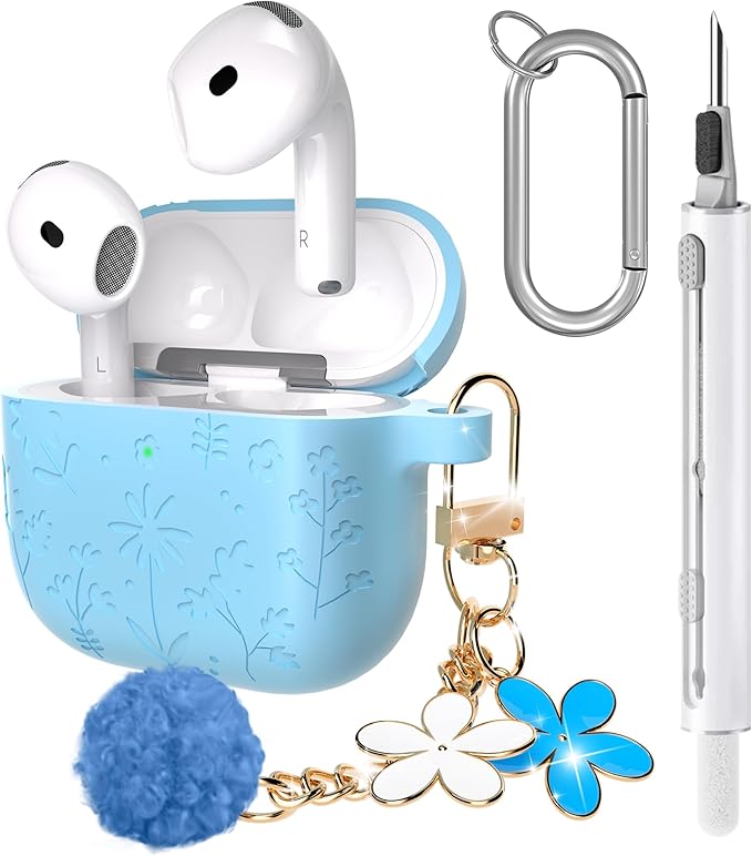 Seltureone Compatible with AirPods 4 Case Cute with Cherry Blossom Keychain and Cleaning Kit, Soft Silicone Shockproof Flower Engraved Cover Compatible with AirPod 4 Case Cover - Baby Blue