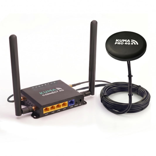 KUMA Connect PRO 4G LTE Cellular Router & RV Mobile Hotspot Kit | High Gain Weatherproof Antenna | Portable WiFi for 32 Devices SIM Card Internet | Travel Trailer Accessories & Camper Must Haves