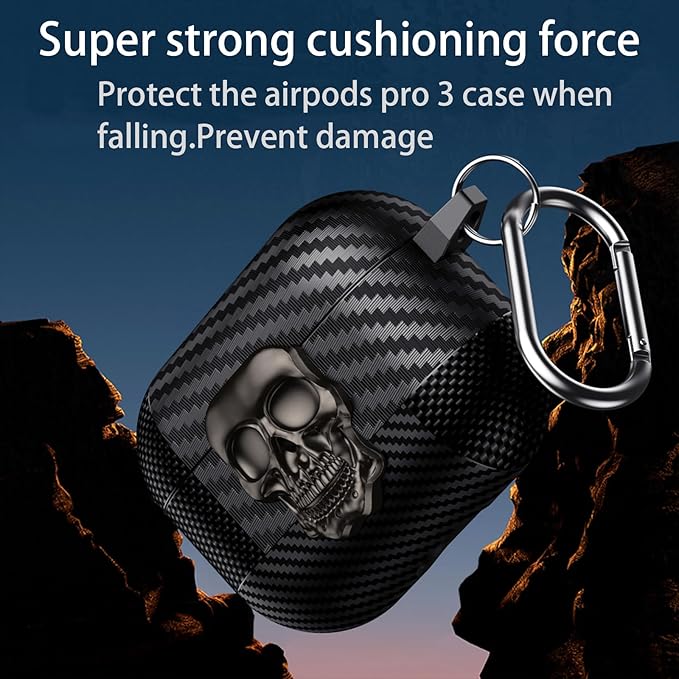 for Hard AirPods Pro 3 Case 2025|Funny 3D Skull Air Pods Pro 3 Case with Lock(Model A2700/A2931)|with Keychain|Halloween Cool Carbon Fiber Airpods 3 Pro Cases for Man Women(Black)