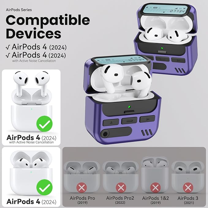 (with Safety Lock) Pager Cases for AirPods 4 Case Cover 2024 with Cleaner Kit,Sturdy Hard PC Protective for Apple AirPods 4th Generation Case for Men Women,AirPods 4 Accessories with Keychain-Purple