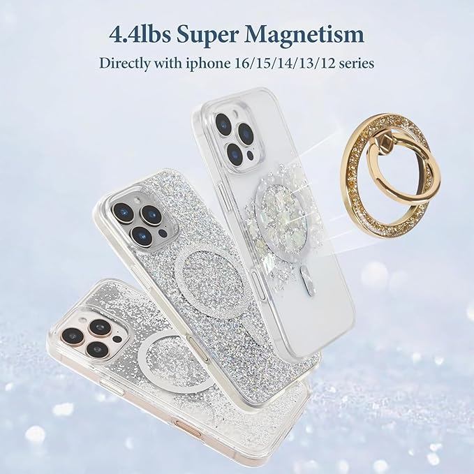 Magnetic Phone Ring for MagSafe Grip [Super Magnet] Gold Twinkle Design Ring Holder Stand, magsafe pop Socket, Mag Safe Accessory for iPhone 16/15/14/13 Pro Max Plus, Gold