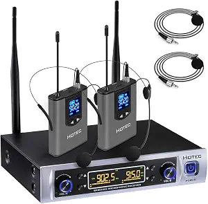 HOTEC UHF Wireless Microphone System with Dual Lapel/Lavalier and Headset Microphones Over PA, Mixer, Speaker, Karaoke Machine for Church, Training, Classroom, Interview (H-K25)