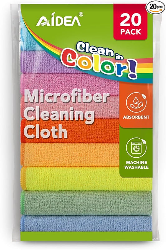 AIDEA Microfiber Cleaning Cloth, 20PK, Colorful Lint-Free Vibrant Cleaning Rags, Microfiber Towels for Cars, Kitchen Cloth, Dusting Cloth for Home, Window, Cleaning Supplies, 11.5"×11.5"