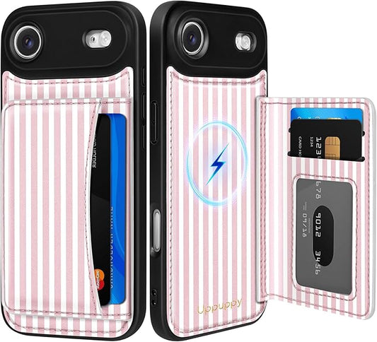 for iPhone 17 Air Case with Wallet - Fits 4 Card Slots, Compatible with MagSafe for Women Aesthetic Durable PU Leather Credit Card Holder Kickstand Phone Cover for Apple 17 Air, Stripes