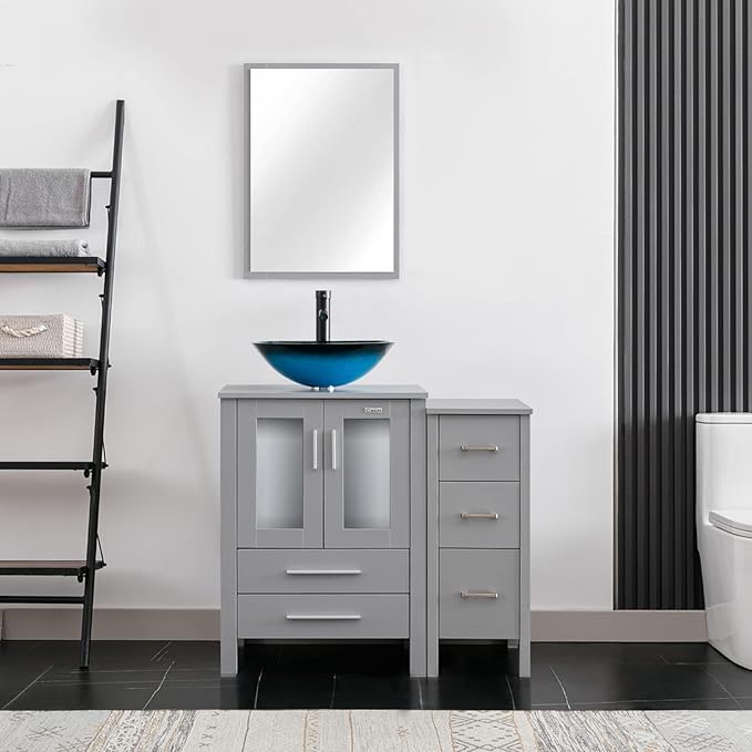 eclife 36" Modern Bathroom Vanity Sink Combo Freestanding Cabinet with Small Side Cabinet, Turquoise Square Glass Vessel Sink, Water Save Faucet, Drain (Gray+A10)