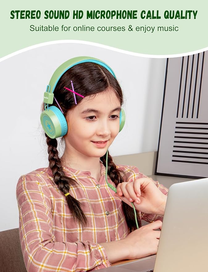 New Bee Kids Headphones for School with Microphone KH20 HD Stereo Safe Volume Limited 85dB/94dB Foldable Lightweight On-Ear Headphone for boy Mac/Android/Kindle/Tablet/Pad