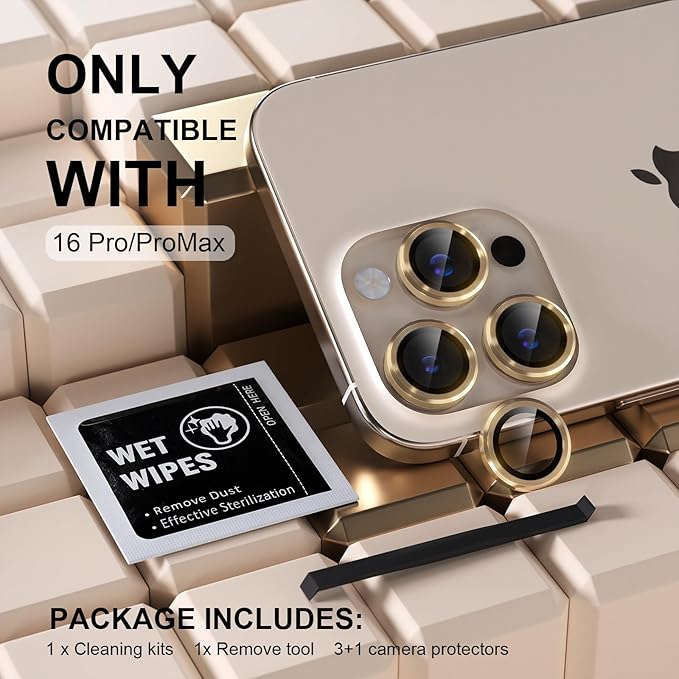 Misea Compatible for iPhone 16 Pro/iPhone 16 Pro Max Camera Lens Protector, Ultra-HD Tempered Glass Camera Cover Screen Protector Metal Individual Ring Protector Decoration Accessories, Gold