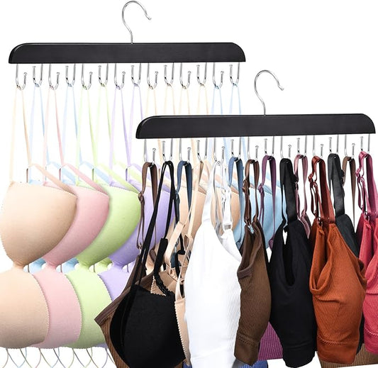 2 Pack Bra and Tank Top Closet Organizer Hangers, Foldable Wooden Space-Saving Hanger with 14 Hooks, Bra Hangers for Closet Organizer，Premium Closet Organizers and Storage for Dorm & Apartment (Black)