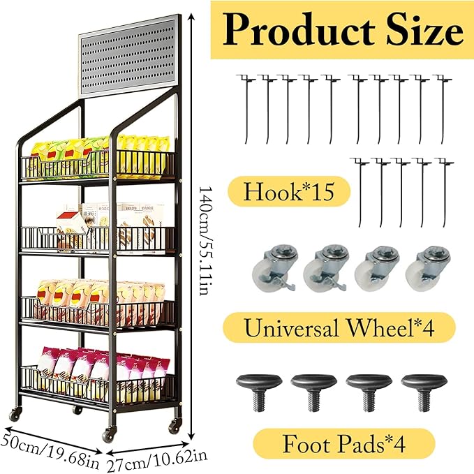 Retail Snack Display Stand, 4-Tier Retail Display Shelves, Candy Display Shelf Cart with Wheels & Hooks, Metal Snack Rack Organizer for Pantry, Kitchen, Supermarket, Store, Home